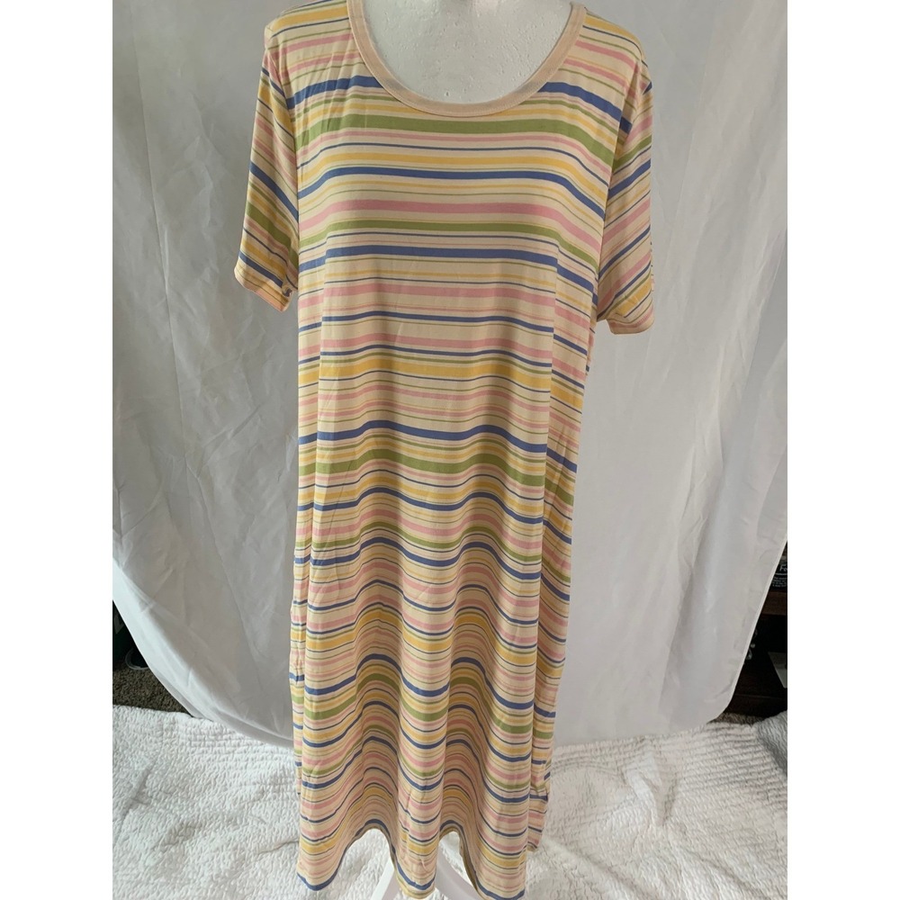 LuLaRoe XL Pastel Striped Short Sleeve T-Shirt Midi Dress Multicolor Relaxed Fit